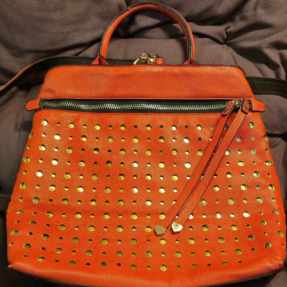 Mellow World Orange‎ Perforated Vegan Leather Convertible Backpack Satchel Bag